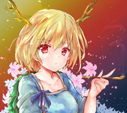 Rule 34 | 1girl, antlers, arm up, blonde hair, blue shirt, breasts, collarbone, commentary request, dragon horns, expressionless, floral background, flower, gradient background, hair between eyes, highres, holding, holding smoking pipe, horns, ikazuchi akira, kicchou yachie, kiseru, light particles, lily (flower), looking at viewer, medium breasts, petals, red background, red eyes, shell, shirt, short hair, short sleeves, smoke, smoking pipe, solo, touhou, upper body, yellow background