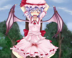 Rule 34 | 1girl, arms up, bat wings, bdsm, blood, blue hair, bound, bound wings, female focus, hat, impaled, menstruation, non-web source, outdoors, remilia scarlet, ribbon, shimo (depthbomb), short hair, solo, tied up, touhou, wings