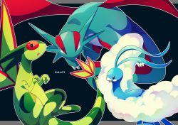 Rule 34 | altaria, black background, black eyes, bright pupils, claws, commentary request, creatures (company), flygon, game freak, gen 3 pokemon, highres, jacknaiff, looking at viewer, nintendo, no humans, open mouth, outline, pokemon, pokemon (creature), salamence, white pupils
