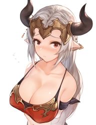 Rule 34 | 1girl, absurdres, aliza (granblue fantasy), armband, blush, breasts, cleavage, collarbone, granblue fantasy, hana mori, headpiece, highres, horns, large breasts, long hair, looking at viewer, navel, pointy ears, red eyes, silver hair, simple background, solo, white background