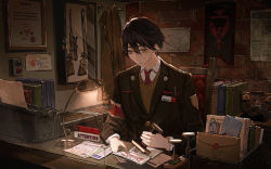 Rule 34 | 1boy, armband, binder, black jacket, book, brown eyes, brown hair, chair, child&#039;s drawing, closed mouth, clothes hanger, coat, denn (naluse flow), empty eyes, from outside, gun, hair between eyes, holding, id card, indoors, jacket, jitome, kenmochi touya, letter, long sleeves, male focus, map, name tag, necktie, nijisanji, papers please, phone, red necktie, rifle, sitting, solo, stamp, typewriter, unworn coat, vest, virtual youtuber, weapon