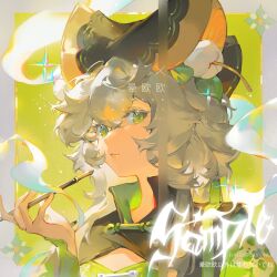 Rule 34 | 1girl, animal ears, artist name, black collar, black hat, blowing, border, chinese clothes, cleavage cutout, clothing cutout, collar, collared shirt, colored eyelashes, cotton (plant), green background, green eyes, green shirt, green sleeves, grey border, grey hair, hair ornament, hat, high collar, highres, holding, holding smoking pipe, juliet sleeves, leaf, light particles, long hair, long sleeves, looking at viewer, original, outside border, parted lips, pink lips, puffy sleeves, sample watermark, shirt, sleeves past wrists, smoke, smoking, smoking pipe, solo, sparkle, squirrel ears, two-sided fabric, upper body, watermark, yunouou10