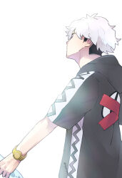 Rule 34 | 1boy, black hair, closed eyes, commentary request, creatures (company), from side, game freak, guzma (pokemon), hood, hood down, hooded jacket, jacket, male focus, multicolored hair, nintendo, nyoripoke, pokemon, pokemon sm, short hair, short sleeves, solo, tape, twitter username, two-tone hair, watch, white background, white hair, wristwatch