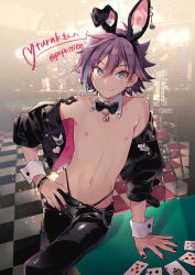 Rule 34 | 1boy, :3, black jacket, black nails, blue hair, bow, bowtie, bracelet, card, casino, character name, checkered floor, commission, detached collar, earrings, grey eyes, hand on own hip, highleg, highleg panties, highres, hiiragi jun, jacket, jewelry, leaning to the side, leather, leather jacket, leather pants, locket, lowleg, lowleg pants, male focus, multicolored nails, nail polish, navel, nipples, off shoulder, onegai my melody, panties, pants, pendant, pink nails, playing card, poker table, potti-p, purple hair, rabbit ears, sanrio, short hair, smile, solo, table, trap, twitter username, underwear