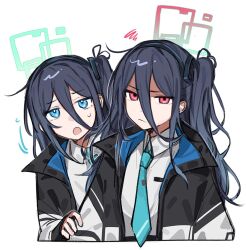 Rule 34 | &lt;key&gt; (blue archive), 2girls, absurdly long hair, aqua halo, aris (blue archive), black hair, blue archive, blue eyes, blue necktie, closed mouth, collared shirt, emne, green halo, halo, highres, jacket, long hair, long sleeves, looking at viewer, multiple girls, necktie, one side up, open mouth, rectangular halo, red eyes, red halo, ringed eyes, shirt, simple background, upper body, very long hair, white background, white shirt