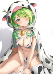 Rule 34 | 1girl, absurdres, animal print, antlers, bell, bikini, bikini under clothes, blush, branch, breasts, cape, ceres fauna, cleavage, closed mouth, collarbone, cow hood, cow print, cow print bikini, finale, flower, green hair, hair flower, hair ornament, highres, hololive, hololive english, hood, hooded cape, horns, large breasts, leaf, long hair, looking at viewer, mole, mole under eye, navel, neck bell, print bikini, shadow, side-tie bikini bottom, simple background, single thighhigh, sitting, solo, stomach, swimsuit, thighhighs, virtual youtuber, wariza, white background, yellow eyes