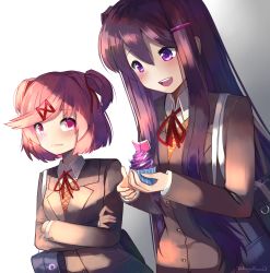 Rule 34 | 2girls, :d, artist name, bag, commentary, crossed arms, cupcake, doki doki literature club, english commentary, food, hair between eyes, hair ornament, hair ribbon, hairclip, highres, holding, holding food, long hair, long sleeves, making-of available, multiple girls, natsuki (doki doki literature club), open mouth, pink eyes, pink hair, purple eyes, purple hair, red ribbon, ribbon, school uniform, short hair, sidelocks, simple background, smile, swept bangs, takuyarawr, teeth, two side up, upper teeth only, yuri (doki doki literature club)