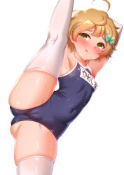 Rule 34 | 1girl, ahoge, arm up, armpits, bare shoulders, blonde hair, blue one-piece swimsuit, blush, breasts, cameltoe, cleft of venus, collarbone, covered navel, elbow gloves, gloves, green eyes, hibike! euphonium, highres, kawashima sapphire, kneepits, leg lift, leg up, name tag, one-piece swimsuit, school swimsuit, short hair, simple background, small breasts, split, standing, standing on one leg, standing split, swimsuit, thighhighs, thighs, tongue, white background, white gloves, white thighhighs, zirba