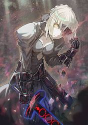 Rule 34 | 1girl, armor, armored dress, artoria pendragon (all), artoria pendragon (fate), bad id, bad pixiv id, black dress, blonde hair, braid, broken mask, dress, excalibur morgan (fate), fate/grand order, fate/stay night, fate (series), gauntlets, hair bun, hair ribbon, holding, holding sword, holding weapon, light rays, mask, naro0427, one eye covered, ribbon, saber (fate), saber alter, short hair, single hair bun, solo, sword, weapon, yellow eyes