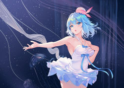 Rule 34 | 1girl, :o, animal, armpits, bare shoulders, blue eyes, blush, breasts, circle skirt, cleavage, collarbone, commentary request, cowboy shot, dark background, dress, haiyi, halter dress, halterneck, hand on own chest, highres, jellyfish, looking at viewer, medium breasts, nekoma0116, open mouth, outstretched arm, pink headwear, short hair, solo, synthesizer v, water, white dress