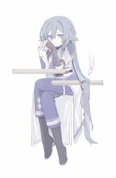 Rule 34 | 1girl, black footwear, blue eyes, blue pants, boots, closed mouth, commentary request, crossed legs, fu hua, fu hua (azure empyrea), fu hua (taixuan impression), full body, grey hair, hair between eyes, hands up, highres, honkai (series), honkai impact 3rd, long hair, looking at viewer, manfu w, own hands together, pants, simple background, sitting, solo, very long hair, white background