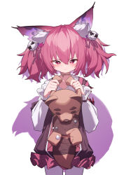 Rule 34 | 1girl, absurdres, animal ear fluff, animal ears, arknights, beudelb, blush, brown dress, closed mouth, commentary request, dress, frilled dress, frills, hair between eyes, hands up, heart, heart-shaped pupils, highres, holding, holding stuffed toy, long sleeves, pantyhose, puffy long sleeves, puffy sleeves, purple hair, red eyes, shamare (arknights), shirt, simple background, sleeves past wrists, solo, standing, stuffed animal, stuffed panda, stuffed toy, symbol-shaped pupils, tail, twintails, white background, white pantyhose, white shirt