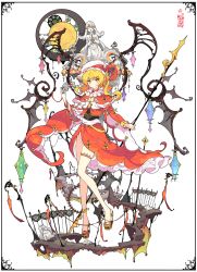 Rule 34 | 1girl, adapted costume, blonde hair, capelet, commentary request, crystal, dress, fence, flandre scarlet, flower, full body, hat, hat ribbon, highres, holding, ideolo, long hair, long sleeves, looking at viewer, mob cap, nail polish, pointy ears, polearm, red dress, red eyes, red ribbon, ribbon, simple background, solo, spear, stained glass, statue, touhou, weapon, white background, wings