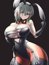 Rule 34 | 1girl, animal ears, black leotard, bow, bowtie, breast strap, breasts, cleavage, curvy, detached collar, diabellstar the black witch, duel monster, earrings, fake animal ears, gloves, green eyes, green hair, hand on own hip, highleg, highleg leotard, highres, jewelry, large breasts, leotard, multicolored hair, pale skin, pataneet, playboy bunny, rabbit ears, short hair, solo, strapless, strapless leotard, thick thighs, thighs, wide hips, yu-gi-oh!