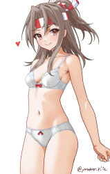 Rule 34 | 1girl, bra, breasts, brown hair, cowboy shot, headband, high ponytail, highres, kantai collection, medium hair, navel, one-hour drawing challenge, panties, red eyes, small breasts, smile, solo, standing, striped headband, underwear, underwear only, white bra, white panties, yamano rita, zuihou (kancolle)