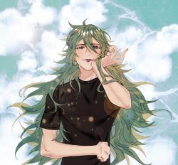 Rule 34 | 1boy, black shirt, blue sky, clenched hand, cloud, day, earrings, green eyes, green hair, hand up, jewelry, lens flare, lipstick, long hair, looking at viewer, makeup, male focus, original, outdoors, pil tor, shirt, sky, stud earrings, t-shirt, upper body, very long hair