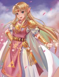 Rule 34 | 1girl, armor, belt, blonde hair, blue eyes, bracer, breasts, circlet, cloud, cloudy sky, commentary, cowboy shot, dress, earrings, english commentary, forehead jewel, hand on own hip, highres, index finger raised, jewelry, long dress, long hair, looking at viewer, magic, necklace, nintendo, pearl necklace, pelvic curtain, petals, pointy ears, princess zelda, short sleeves, shoulder armor, shoulder pads, sky, small breasts, smile, solo, sparkle, super smash bros., syn (kuponutt), the legend of zelda, the legend of zelda: a link between worlds, triforce, very long hair