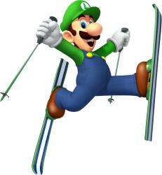 Rule 34 | 1boy, 3d, arms up, blue eyes, blue overalls, brown footwear, brown hair, buttons, cabbie hat, clothes writing, facial hair, full body, gloves, green hat, green shirt, happy, hat, highres, holding ski pole, jumping, legs up, long sleeves, looking at viewer, luigi, male focus, mario &amp; sonic (series), mario &amp; sonic at the olympic winter games, mario (series), mustache, nintendo, official art, open mouth, overalls, shirt, shoes, short hair, simple background, ski pole, skiing, skis, smile, solo, spread legs, teeth, third-party source, transparent background, white gloves