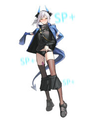 Rule 34 | 1girl, absurdres, arknights, black footwear, black horns, black panties, black scarf, black shirt, black skirt, blue horns, blue jacket, blue tail, blurry, blush, brown thighhighs, closed mouth, collared jacket, commentary, dragon girl, dragon horns, dragon tail, embarrassed, floating hair, full body, grey hair, highres, horns, implied masturbation, jacket, jacket on shoulders, liskarm (arknights), long sleeves, medium hair, miniskirt, nose blush, panties, pleated skirt, ponytail, scarf, sex toy, shirt, shoes, signature, sketch, skirt, sneakers, solo, standing, strap, tail, thighhighs, underwear, vibrator, vladislav ton, yellow eyes