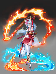 1girl absurdres animal_ears arm_out_of_sleeve arm_tattoo arm_up armpits blue_eyes blue_hair crossed_legs dual_wielding fire fox_ears fox_girl fox_mask fox_tail full_body gradient_background grey_background hair_intakes half-closed_eyes heterochromia highres holding holding_sword holding_weapon hydrokinesis japanese_clothes katana long_hair mask miko nontraditional_miko okobo original platform_sandals ponytail pyrokinesis red_eyes red_sash sandals sarashi sash solo standing sword tail tattoo thighhighs unsheathed user_hrnw3725 very_long_hair water watson_cross weapon