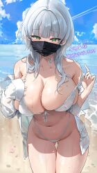 Rule 34 | 1girl, absurdres, beach, bikini, blue sky, blunt bangs, breasts, cloud, cloudy sky, collarbone, commission, covered erect nipples, day, ear piercing, green eyes, hair intakes, hair over shoulder, highres, large breasts, light blush, long hair, looking at viewer, mask, mouth mask, naughty (ac naughty), navel, ocean, off shoulder, open clothes, open shirt, original, outdoors, piercing, pixiv commission, shirt, sidelocks, sky, spaghetti strap, strap pull, swimsuit, translation request, tsurime, wet, white bikini, white hair, white shirt