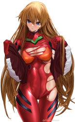 Rule 34 | 1girl, absurdres, blue eyes, bodysuit, bracer, breasts, brown hair, curvy, evangelion: 3.0+1.0 thrice upon a time, hair down, highres, jacket, large breasts, long hair, long sleeves, multicolored bodysuit, multicolored clothes, multicolored jacket, neon genesis evangelion, open clothes, open jacket, orange bodysuit, pilot suit, plugsuit, porko, rebuild of evangelion, red bodysuit, red jacket, shiny clothes, souryuu asuka langley, torn bodysuit, torn clothes, two-tone jacket, very long hair, white jacket, wide hips