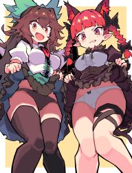 Rule 34 | absurdres, animal ears, black panties, black thighhighs, breasts, brown hair, cat ears, cat girl, closed mouth, clothes lift, cocokana, crying, crying with eyes open, dress, dress lift, frown, highres, kaenbyou rin, large breasts, lifted by self, long hair, looking at viewer, open mouth, panties, red eyes, red hair, reiuji utsuho, simple background, smile, tearing up, tears, thighhighs, touhou, underwear, white panties, yellow background