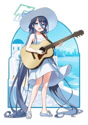 Rule 34 | 1girl, absurdly long hair, absurdres, aqua halo, aris (blue archive), blue archive, blue eyes, blue hair, blush, dark blue hair, domodomo0708, dress, green halo, guitar, hair between eyes, halo, highres, holding, holding instrument, instrument, large hat, long hair, looking at viewer, music, open mouth, playing guitar, playing instrument, rectangular halo, sandals, simple background, smile, solo, sundress, very long hair, white background, white dress