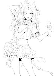 Rule 34 | 1girl, absurdres, animal ears, archetto (arknights), archetto (publicity strategy) (arknights), arknights, bow, bowtie, bracelet, collar, cropped shirt, feet out of frame, greyscale, hand up, highres, holding, holding microphone, jewelry, lion ears, lion tail, looking at viewer, microphone, midriff, molyb, monochrome, navel, official alternate costume, open mouth, sketch, skirt, solo, standing, tail, unfinished