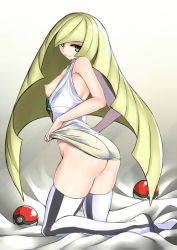 Rule 34 | 1girl, ass, asymmetrical hair, bare arms, blonde hair, breasts, creatures (company), dress, eyeshadow, from side, game freak, green eyes, hair over one eye, kaorihero, long hair, looking at viewer, lusamine (pokemon), makeup, nintendo, nipples, no panties, poke ball, poke ball (basic), pokemon, pokemon sm, pussy juice, short dress, sideboob, sleeveless, sleeveless dress, small breasts, solo, thighhighs, undressing, very long hair, white thighhighs