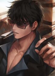 Rule 34 | 1boy, absurdres, black hair, black jacket, black shirt, boony2789, collarbone, collared shirt, cross, hand up, highres, jacket, male focus, mouth hold, nicholas d. wolfwood, partially unbuttoned, shirt, short hair, solo, sunglasses, trigun, trigun stampede, upper body