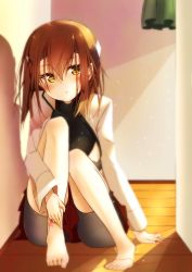 Rule 34 | 10s, 1girl, bare legs, barefoot, bike shorts, blush, brown eyes, brown hair, flat chest, hair between eyes, headband, headgear, highres, kantai collection, long sleeves, looking at viewer, pleated skirt, red skirt, sakurame (hitomebore), sakurame kurame, short hair, sitting, skirt, solo, string, string of fate, taihou (kancolle), wooden floor