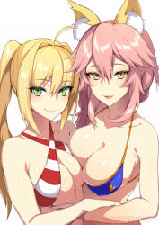 Rule 34 | 2girls, ahoge, animal ear fluff, animal ears, bare shoulders, bikini, blonde hair, blue bikini, breasts, cleavage, collarbone, commentary, criss-cross halter, fate/grand order, fate (series), fox ears, fox girl, green eyes, hair between eyes, hair intakes, halterneck, highres, large breasts, long hair, looking at viewer, multiple girls, nero claudius (fate), nero claudius (fate) (all), nero claudius (swimsuit caster) (fate), open mouth, pink hair, puuzaki puuna, red bikini, shiny skin, sidelocks, smile, striped bikini, striped clothes, swimsuit, tamamo (fate), tamamo no mae (fate/extra), tamamo no mae (swimsuit lancer) (fate), twintails, yellow eyes