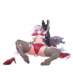 Rule 34 | 1girl, :&lt;, animal ears, arm up, baekto (last origin), bandages, breasts, broken, broken weapon, clenched hand, cloak, closed mouth, covered erect nipples, defeat, elbow gloves, feet, fingerless gloves, frilled cloak, game cg, gloves, grey hair, groin, hair ornament, hairclip, heterochromia, high heels, highres, holding, holding weapon, large breasts, last origin, linea alba, long hair, looking at viewer, navel, official alternate costume, official art, on floor, panties, parted bangs, purple eyes, rabbit ears, rabbit tail, red cloak, red eyes, red footwear, red shorts, sarashi, shoes, shorts, side-tie panties, sima (startwitch), sitting, solo, spread legs, striped clothes, striped thighhighs, tachi-e, tail, thighhighs, torn cloak, torn clothes, torn gloves, torn thighhighs, transparent background, underboob, underwear, unworn shoes, weapon, wide hips