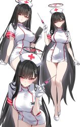 1girl absurdres alternate_costume black_hair blue_archive blush closed_mouth full_body gloves hair_ornament hairclip halo hat highres holding holding_syringe long_hair looking_at_viewer multiple_views nurse nurse_cap parted_lips red_eyes rio_(blue_archive) shigure_s short_sleeves simple_background standing syringe thighs white_background white_gloves