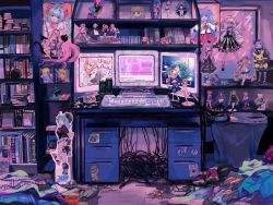 Rule 34 | bookshelf, cable, can, cigarette butt, clothes on floor, drawer, drink can, dvd (object), figure, highres, computer keyboard, monitor, needy girl overdose, nyalra, official art, otaku room, poster (object), shelf, soda can, sticker, trash