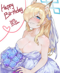 1girl animal_ear_fluff animal_ears bare_shoulders blonde_hair blue_archive blue_dress blue_flower blue_hair blue_halo blue_rose blush bouquet breasts cleavage clenched_teeth collarbone commentary commentary_request dated dress english_commentary flower gurumarider(gr) hair_flower hair_ornament hair_over_one_eye halo happy_birthday highres kanna_(blue_archive) korean_commentary large_breasts long_hair looking_at_viewer mixed-language_commentary off-shoulder_dress off_shoulder rose simple_background solo teeth white_background