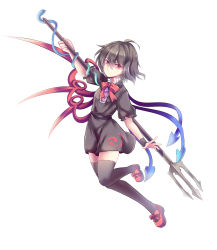Rule 34 | 1girl, absurdres, ahoge, asymmetrical wings, black dress, black hair, black thighhighs, bow, bowtie, closed mouth, dress, full body, highres, holding, holding weapon, houjuu nue, looking at viewer, nga (ray ray), polearm, puffy short sleeves, puffy sleeves, red bow, red bowtie, red eyes, short sleeves, simple background, snake, solo, thighhighs, touhou, trident, weapon, white background, wings, zettai ryouiki