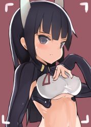 Rule 34 | 1girl, anabuki tomoko, angry, bandeau, black hair, blush, breasts, covered erect nipples, d.m.sea, extra ears, grey eyes, navel, simple background, solo, strapless, strike witches, strike witches: suomus misfits squadron, sweatdrop, tube top, underboob, world witches series