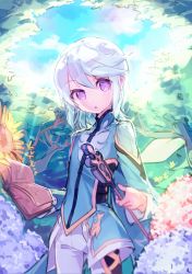 Rule 34 | 10s, 1boy, bishounen, blue hair, book, flower, forest, hydrangea, male focus, mikleo (tales), name (oiuio), nature, purple eyes, short hair, smile, solo, staff, tales of (series), tales of zestiria, white hair