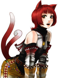 Rule 34 | 1girl, animal ears, armor, bare shoulders, belt, blunt bangs, bob cut, cat ears, cat girl, cat tail, heterochromia, highres, multiple tails, original, red eyes, sleeveless, sleeveless turtleneck, solo, tail, turtleneck, twintails, two tails, xie