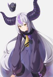 Rule 34 | 1girl, absurdres, ascot, bad id, bad pixiv id, braid, closed mouth, crow (la+ darknesss), demon girl, demon horns, highres, hololive, horns, la+ darknesss, leaning forward, long hair, looking at viewer, multicolored hair, purple hair, reulem, silver hair, sleeves past fingers, sleeves past wrists, smile, solo, streaked hair, striped horns, v-shaped eyebrows, very long hair, virtual youtuber, yellow ascot