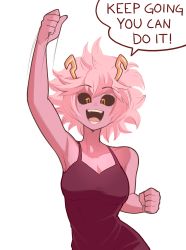 Rule 34 | 10s, 1girl, arm up, ashido mina, bare shoulders, black sclera, black shirt, boku no hero academia, breasts, clenched hands, colored sclera, colored skin, english text, highres, horns, looking at viewer, medium breasts, open mouth, pink hair, pink skin, sally (luna-arts), shirt, short hair, sleeveless, sleeveless shirt, smile, solo, speech bubble, spiked hair, teeth, upper body, white background, yellow eyes