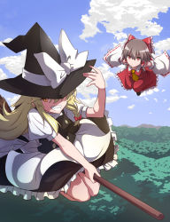 Rule 34 | 2girls, apron, black headwear, black skirt, black vest, blonde hair, blue sky, bow, braid, broom, broom riding, brown hair, cloud, commentary request, day, detached sleeves, expressionless, flying, forest, grin, hair between eyes, hair bow, hair tubes, hakurei reimu, hand on headwear, hat, hat over one eye, hat ribbon, highres, kirisame marisa, long hair, looking at viewer, mountainous horizon, multiple girls, nature, necktie, otoufu (wddkq314band), outdoors, outstretched arms, petticoat, puffy short sleeves, puffy sleeves, red eyes, red skirt, red vest, ribbon, ribbon-trimmed sleeves, ribbon trim, shirt, short sleeves, sidelocks, single braid, skirt, sky, smile, spread arms, teeth, touhou, very long hair, vest, waist apron, white shirt, witch hat, yellow eyes, yellow neckwear