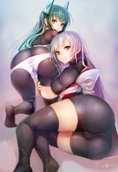 Rule 34 | 2girls, all fours, antennae, ass, bike shorts, black thighhighs, bodysuit, breasts, cameltoe, closed mouth, clothes pull, commentary request, green hair, headgear, highres, long hair, looking at viewer, looking back, lying, medium breasts, menou kaname (taishi), multiple girls, on side, original, pink eyes, red eyes, shorts, shorts pull, smile, taishi (picchiridou), thighhighs, thighs, tsuru-chan, very long hair, white hair