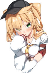 Rule 34 | 1girl, baseball cap, blonde hair, blush, breasts, cellphone, cleavage, collarbone, commentary request, from above, green eyes, hat, highres, holding, holding phone, kz oji, long hair, looking at viewer, medium breasts, mole, mole under eye, neckerchief, original, phone, school uniform, serafuku, shirt, simple background, sitting, skindentation, skirt, sleeves past fingers, sleeves past wrists, slit pupils, smartphone, solo, thighhighs, white background, white shirt, white thighhighs, yellow neckerchief