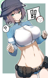 Rule 34 | !, !!, 1girl, 1other, ?, belt, black belt, black headwear, blue archive, blue panties, breasts, commentary request, cowboy shot, crop top, cropped jacket, doodle sensei (blue archive), gin moku, green eyes, grey hair, highres, large breasts, long sleeves, looking at viewer, midriff, navel, no pants, panties, pouch, saki (blue archive), saki (swimsuit) (blue archive), sensei (blue archive), short hair, spoken question mark, standing, stomach, underwear