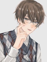 Rule 34 | 1boy, absurdres, argyle, argyle clothes, argyle sweater vest, brown eyes, brown hair, commentary, finger to cheek, glasses, grey background, gureru (r grey1204), highres, hiyama kiyoteru, looking at viewer, male focus, open mouth, plaid, plaid sweater, scratching cheek, shirt, solo, sweater, sweater vest, upper body, vocaloid, white shirt