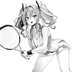 Rule 34 | 1girl, azur lane, breasts, bremerton (azur lane), bremerton (scorching-hot training) (azur lane), commentary request, crop top, crop top overhang, greyscale, hair ornament, heart, heart necklace, holding, holding racket, hori (hori no su), large breasts, light particles, long hair, looking at viewer, mole, mole on breast, mole under eye, monochrome, multicolored hair, necklace, open mouth, racket, sportswear, streaked hair, sweat, tennis racket, tennis uniform, twintails, two-tone shirt, two-tone skirt, x hair ornament