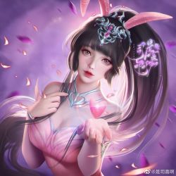 Rule 34 | 1girl, alternate costume, animal ears, bare shoulders, brown hair, closed mouth, collar, douluo dalu, dress, falling petals, hair ornament, hand on own chest, long hair, metal collar, outstretched hand, petals, pink dress, pink eyes, ponytail, rabbit ears, shi si jia a, solo, upper body, xiao wu (douluo dalu)